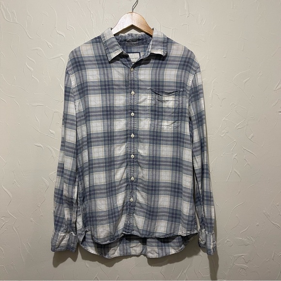 American Eagle “Super Soft” blue plaid hemp blend button-up shirt (large tall) - Picture 1 of 4